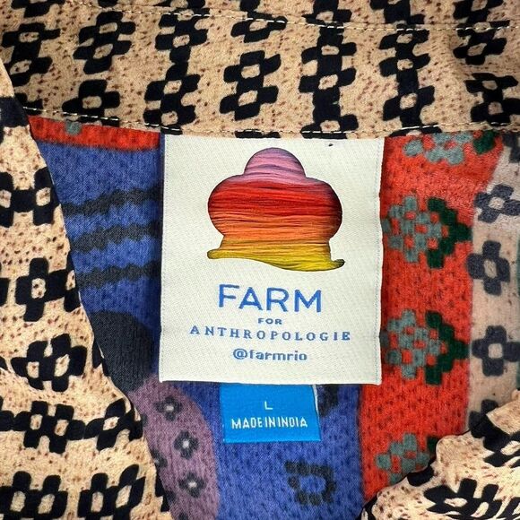 Farm Rio x Anthropologie Blouse Shirt Womens L Button Up BOHO Animals Novelty - Picture 7 of 9